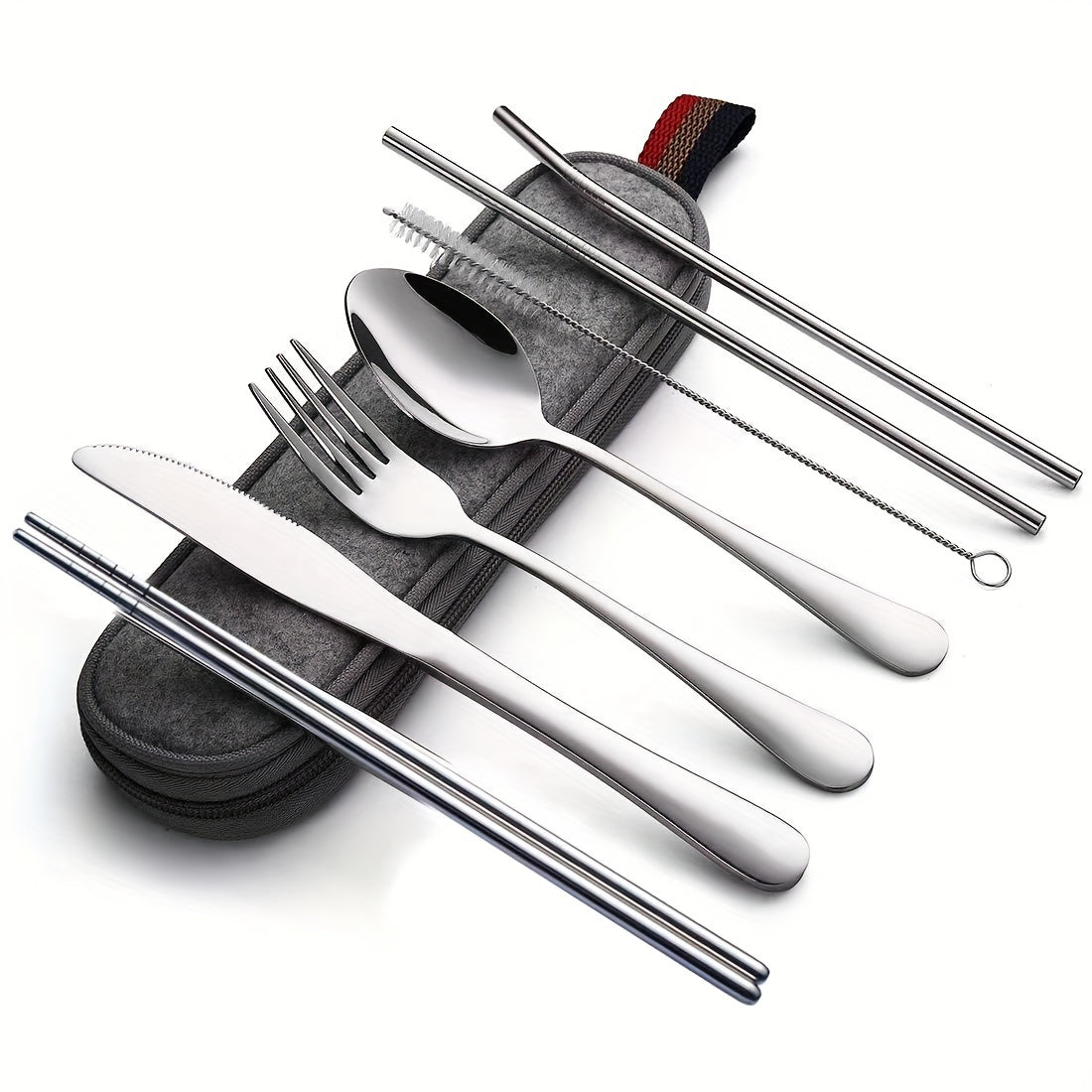 Portable Utensils, Travel Camping Cutlery Set, 8pcs including Knife Fork Spoon Chopsticks Cleaning Brush Straws Portable Case, Stainless Steel Flatware set