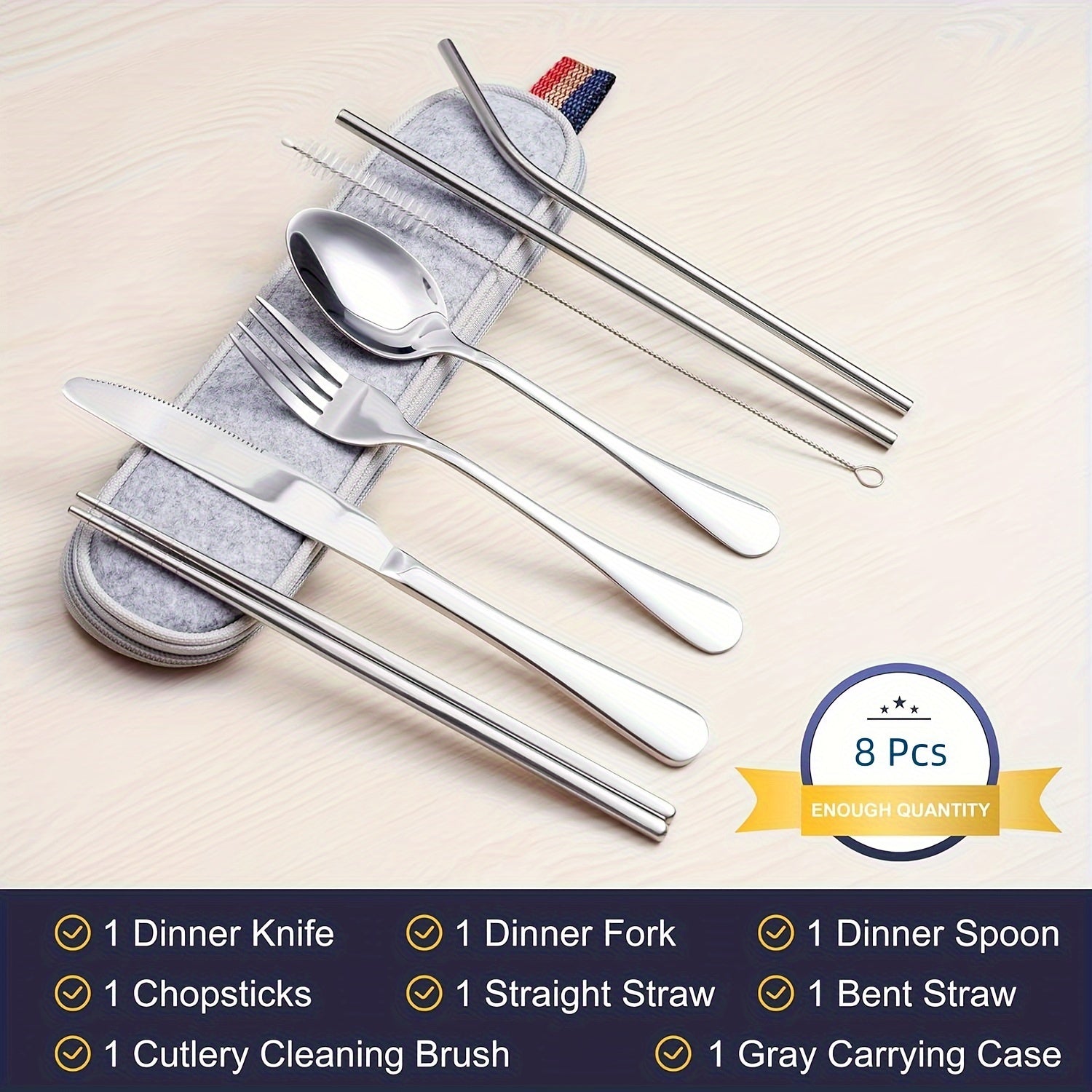 Portable Utensils, Travel Camping Cutlery Set, 8pcs including Knife Fork Spoon Chopsticks Cleaning Brush Straws Portable Case, Stainless Steel Flatware set