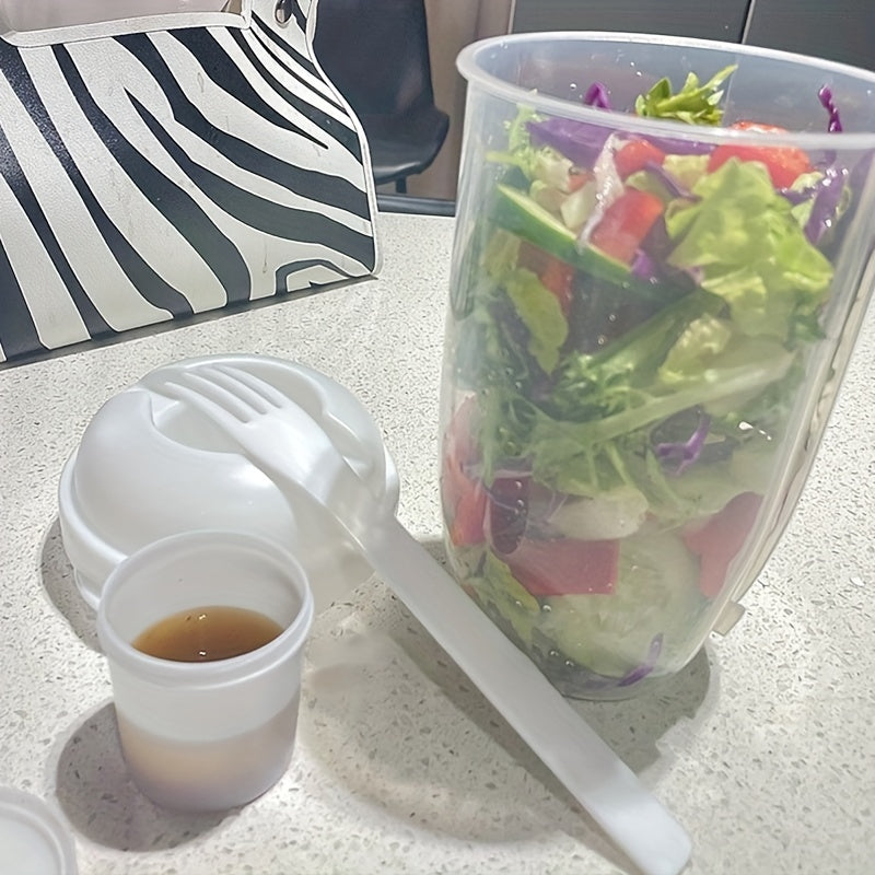 1pc Large Meal Cup with Lid & Built-in Fork Slot - Heavy-Duty Plastic Lunch Box, Shatterproof BPA-Free Container with Ergonomic Handle & Clear Base for Smoothies, Salads, Soups, Fruits, Veggies - Ideal for On-the-Go, Office,