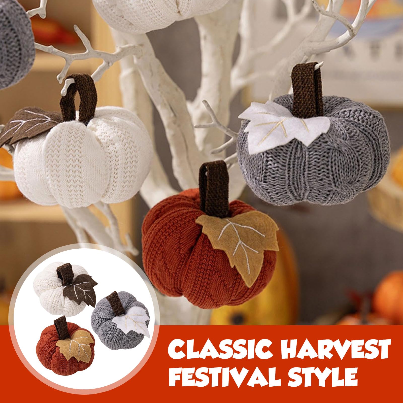 3 Stück Herbst Dekoration Kürbis Set, Künstliche Kürbisse Herbstdeko Wiederverwendbarer Kleine Gestrickter Kunstkürbis Zierkürbisse Tischdeko für Halloween Erntefest Thanksgiving Innen Deko