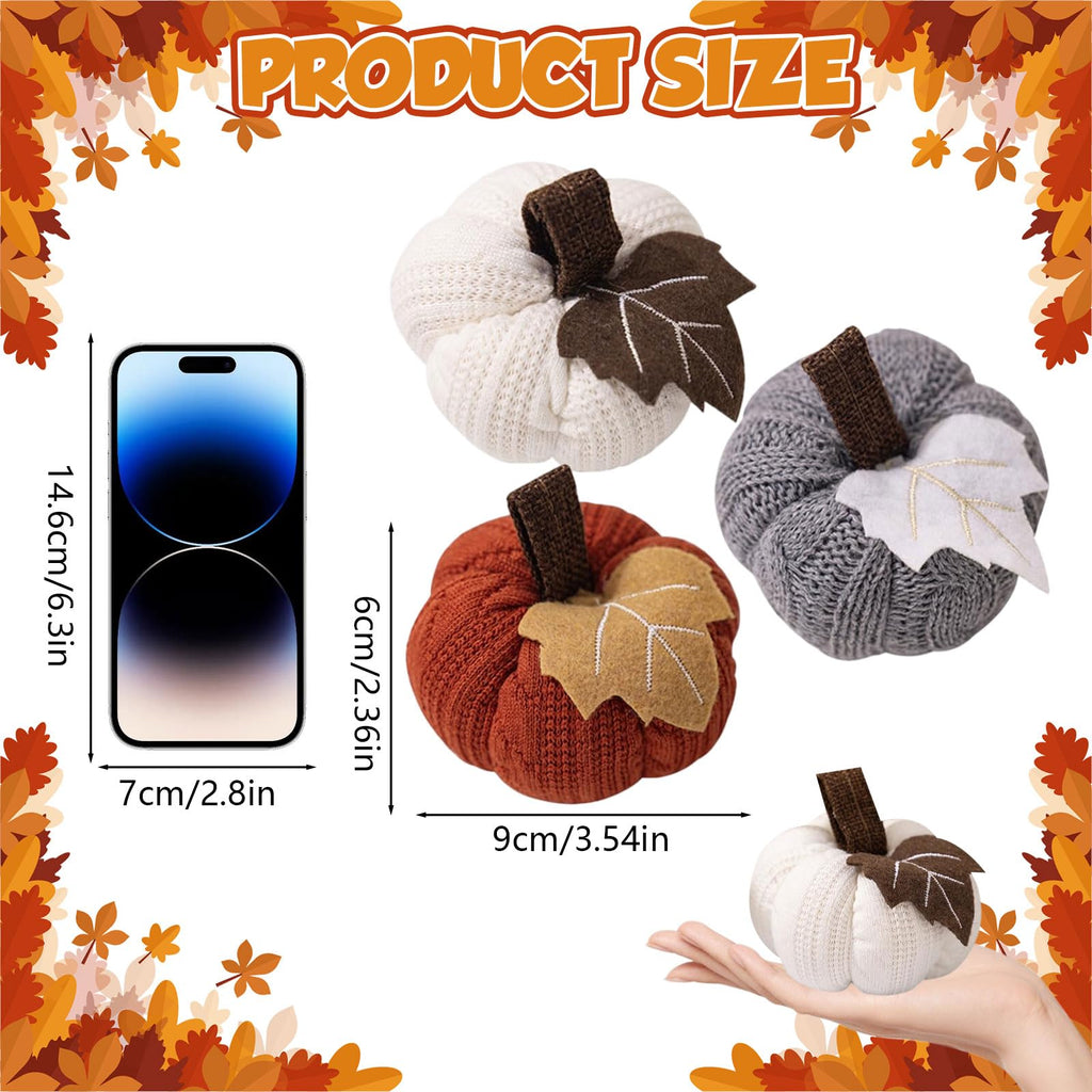 3 Stück Herbst Dekoration Kürbis Set, Künstliche Kürbisse Herbstdeko Wiederverwendbarer Kleine Gestrickter Kunstkürbis Zierkürbisse Tischdeko für Halloween Erntefest Thanksgiving Innen Deko