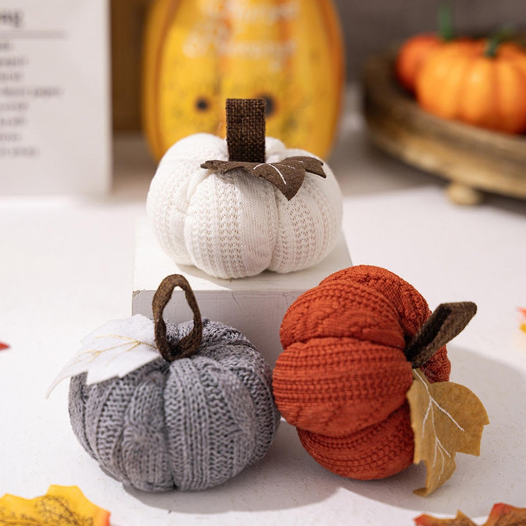 3 Stück Herbst Dekoration Kürbis Set, Künstliche Kürbisse Herbstdeko Wiederverwendbarer Kleine Gestrickter Kunstkürbis Zierkürbisse Tischdeko für Halloween Erntefest Thanksgiving Innen Deko