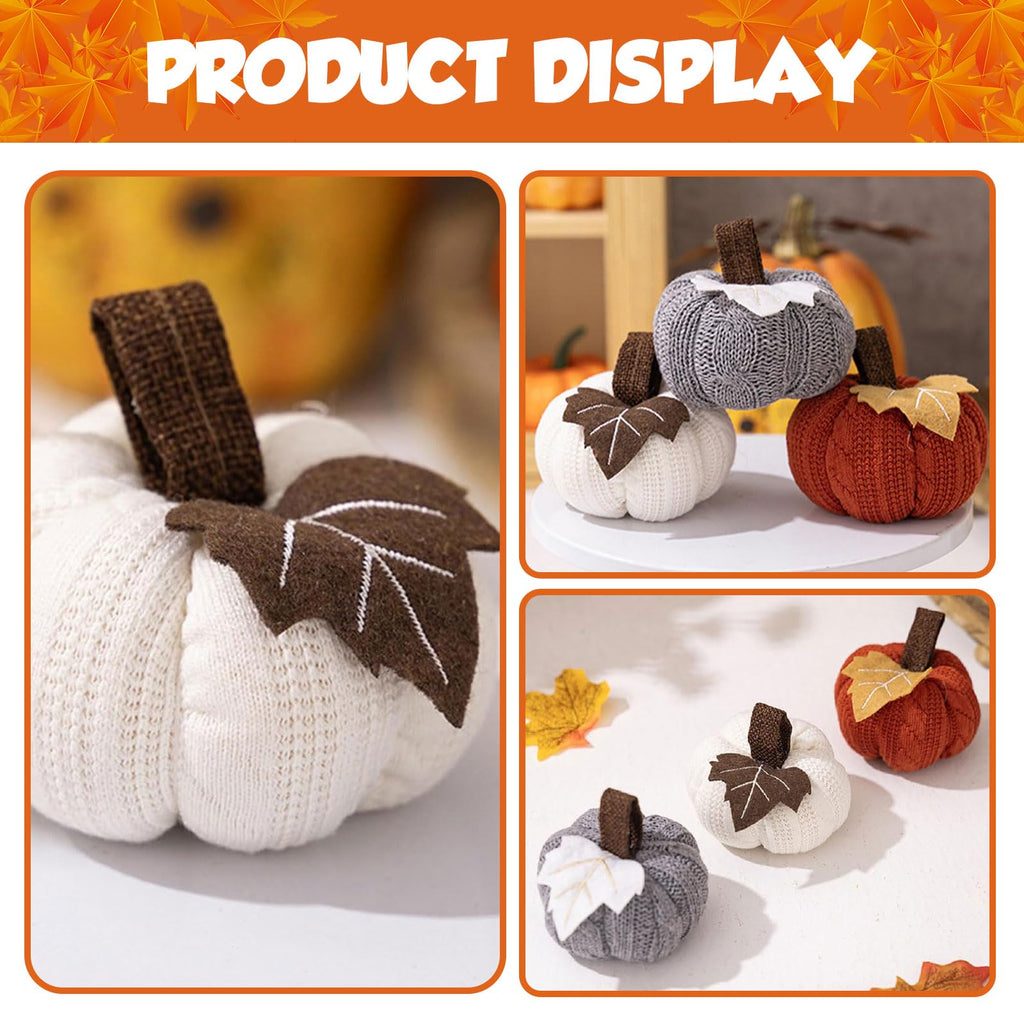 3 Stück Herbst Dekoration Kürbis Set, Künstliche Kürbisse Herbstdeko Wiederverwendbarer Kleine Gestrickter Kunstkürbis Zierkürbisse Tischdeko für Halloween Erntefest Thanksgiving Innen Deko