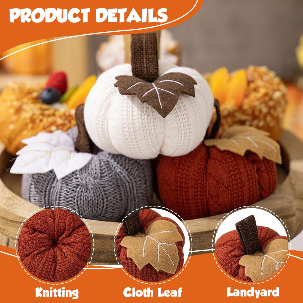 3 Stück Herbst Dekoration Kürbis Set, Künstliche Kürbisse Herbstdeko Wiederverwendbarer Kleine Gestrickter Kunstkürbis Zierkürbisse Tischdeko für Halloween Erntefest Thanksgiving Innen Deko