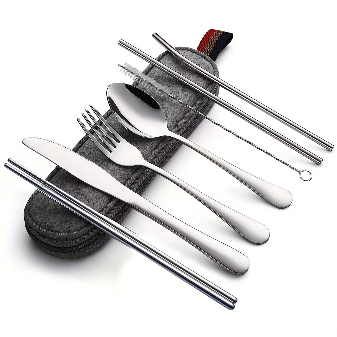 Portable Utensils, Travel Camping Cutlery Set, 8pcs including Knife Fork Spoon Chopsticks Cleaning Brush Straws Portable Case, Stainless Steel Flatware set