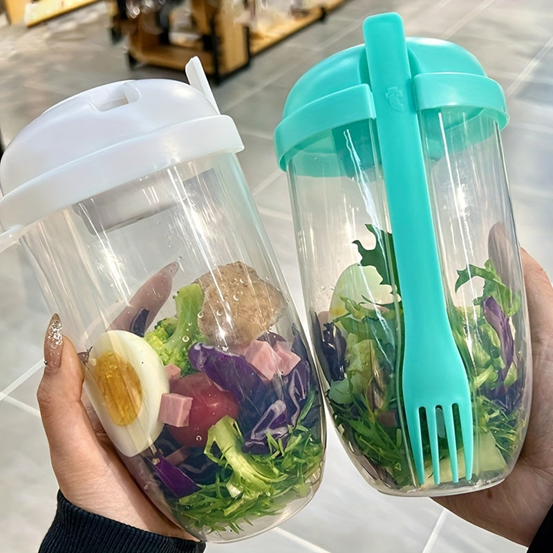 1pc Large Meal Cup with Lid & Built-in Fork Slot - Heavy-Duty Plastic Lunch Box, Shatterproof BPA-Free Container with Ergonomic Handle & Clear Base for Smoothies, Salads, Soups, Fruits, Veggies - Ideal for On-the-Go, Office,