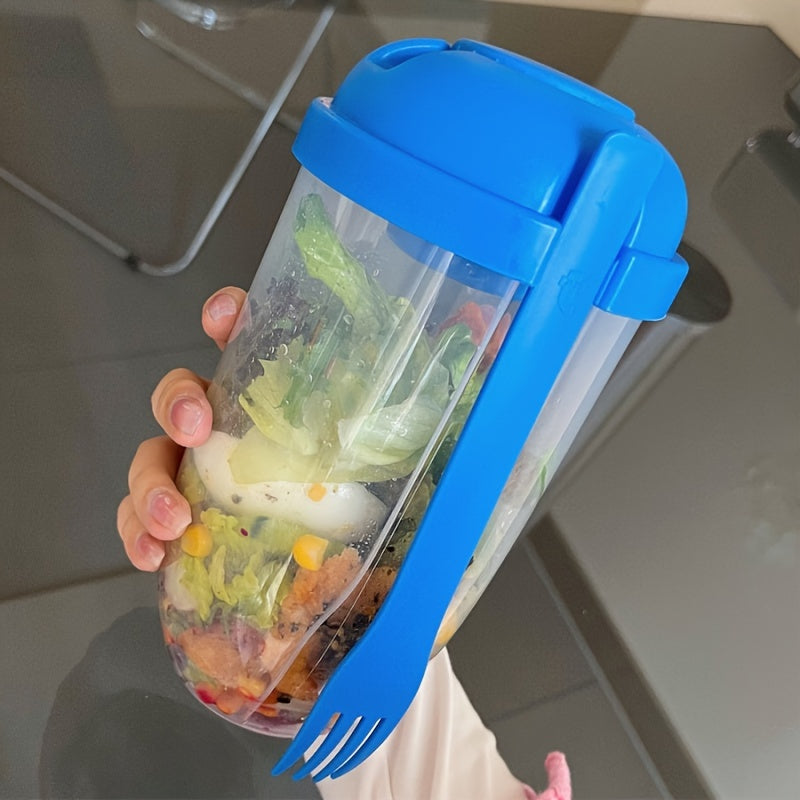 1pc Large Meal Cup with Lid & Built-in Fork Slot - Heavy-Duty Plastic Lunch Box, Shatterproof BPA-Free Container with Ergonomic Handle & Clear Base for Smoothies, Salads, Soups, Fruits, Veggies - Ideal for On-the-Go, Office,
