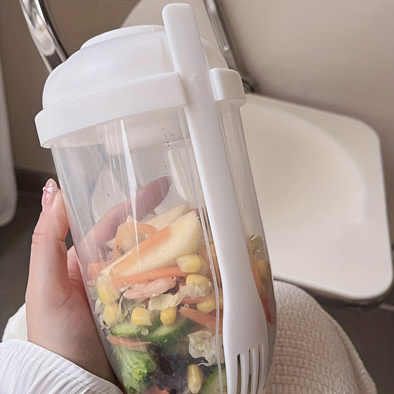 1pc Large Meal Cup with Lid & Built-in Fork Slot - Heavy-Duty Plastic Lunch Box, Shatterproof BPA-Free Container with Ergonomic Handle & Clear Base for Smoothies, Salads, Soups, Fruits, Veggies - Ideal for On-the-Go, Office,