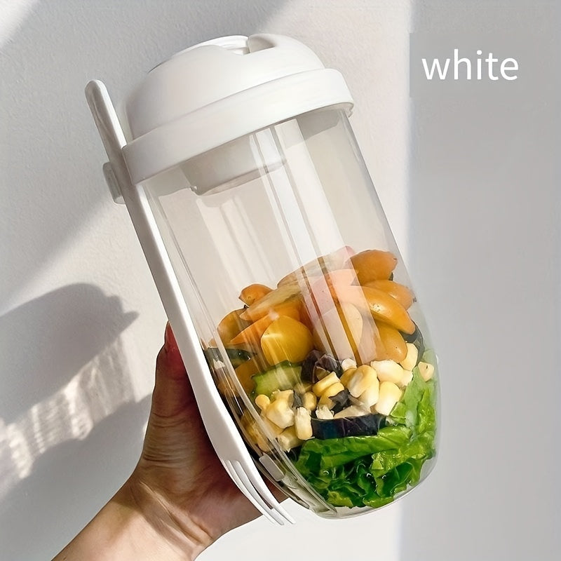 1pc Large Meal Cup with Lid & Built-in Fork Slot - Heavy-Duty Plastic Lunch Box, Shatterproof BPA-Free Container with Ergonomic Handle & Clear Base for Smoothies, Salads, Soups, Fruits, Veggies - Ideal for On-the-Go, Office,