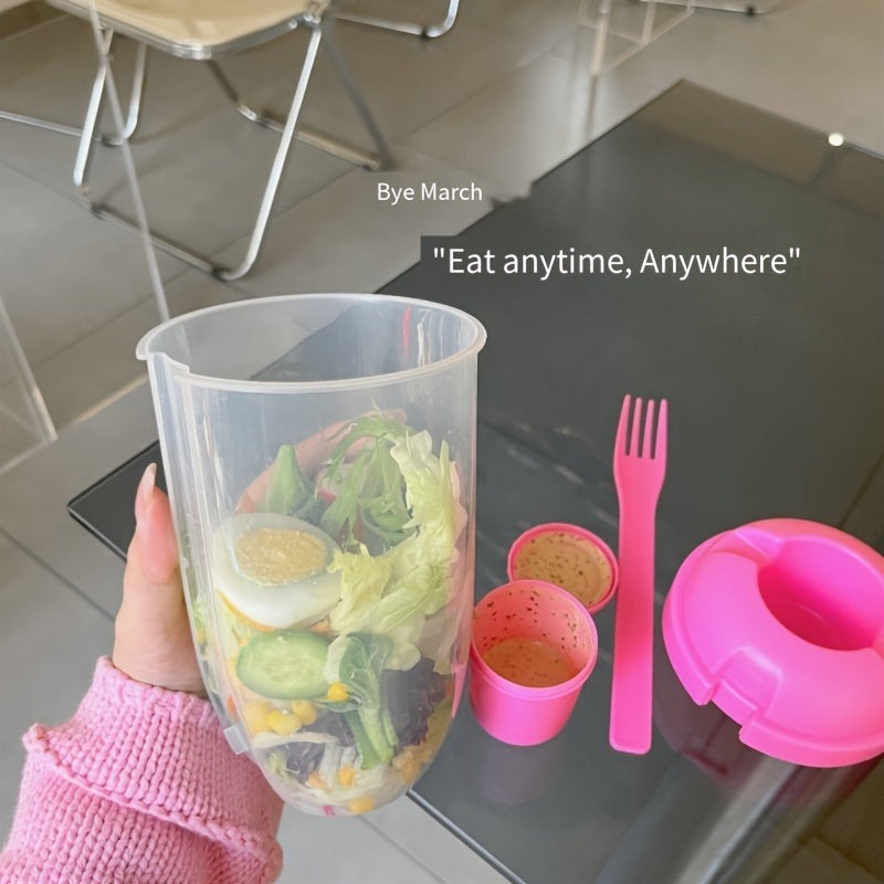 1pc Large Meal Cup with Lid & Built-in Fork Slot - Heavy-Duty Plastic Lunch Box, Shatterproof BPA-Free Container with Ergonomic Handle & Clear Base for Smoothies, Salads, Soups, Fruits, Veggies - Ideal for On-the-Go, Office,
