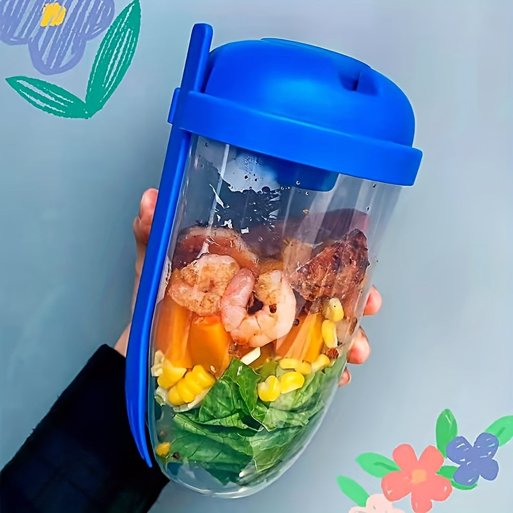 1pc Large Meal Cup with Lid & Built-in Fork Slot - Heavy-Duty Plastic Lunch Box, Shatterproof BPA-Free Container with Ergonomic Handle & Clear Base for Smoothies, Salads, Soups, Fruits, Veggies - Ideal for On-the-Go, Office,